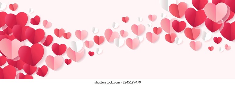 Red, rose pink and white hearts border isolated on transparent background. Vector illustration. Paper cut decorations for Valentine's day design. Happy Valentine's day poster .