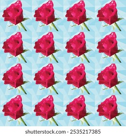 Red rose in polygonal style on blue background. Vector illustration. Seamless pattern.