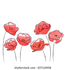 red rose poppy field sketch watercolor effect vector on white decorative elements