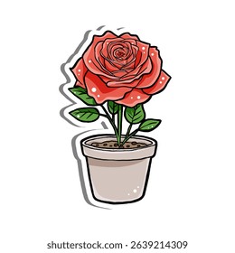 Red Rose in Pot Outline Blooming on white silhouette and gray shadow. Hand drawn cartoon style. illustration for decorate and any design.