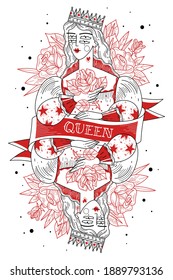 Red rose queen. Young woman with flower and crown, symmetrical image with dividing tape, engraving style, old school hipster tattoo. Vector