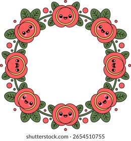 Marco floral redondo de la rosa roja, borde circular de la flor, corona botánica dibujada a mano, invitación romántica, Ilustración vectorial decorativa
