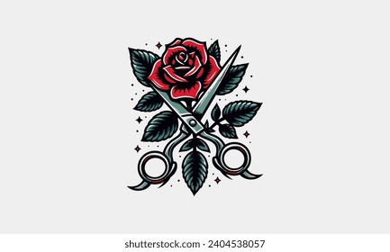 red rose with scissors vector tattoo design