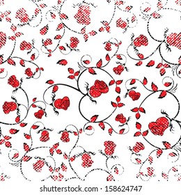 Red rose seamless background floral pattern. Grunge vintage vector wallpaper flower texture. 