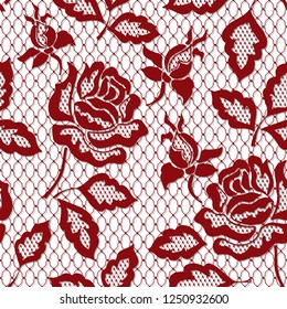 Red Rose Seamless Lace Pattern With Rose. Red Floral Lace Pattern