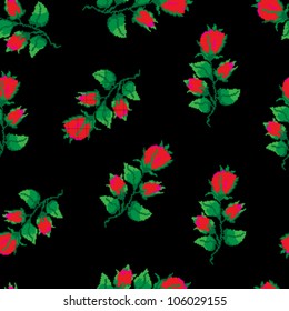 Red rose seamless mosaic background floral pattern. Vector wallpaper flower texture, isolated on black