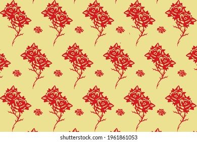 Red Rose Seamless Pattern   Isolated on Yellow Background. Valentine Day. Design Vector Icon Illustration.