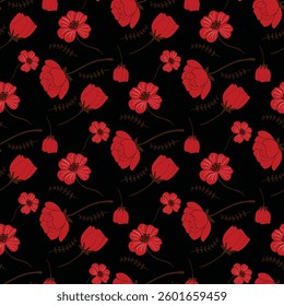 Red rose seamless pattern on black background, not only perfect for printing such as fabric, wrap but also wallpaper. vector files