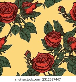 Red Rose seamless pattern with yellow background