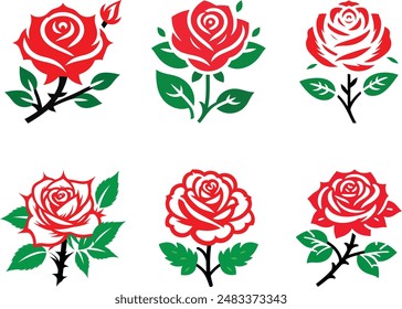 Rote Rose Set von 6 Vektorillustrationen. Rosenblumen auf einem weißen Hintergrund. Rose-Symbol, Logo, PNG, Vektorgrafik.