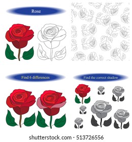 Red rose. Set of coloring book for children.