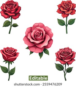 red rose set for floral decorations. cute red rose icons and designs. romantic floral arrangements for special occasions.