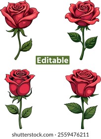 red rose set for floral decorations. cute red rose icons and designs. romantic floral arrangements for special occasions.