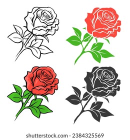 Red rose set. Hand drawing with lines. Plants and flowers. Decorative design. Vector art illustration. Color, black and white, silhouette and line sketch