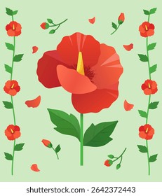 Red Rose of Sharon and Stem Pattern Illustration