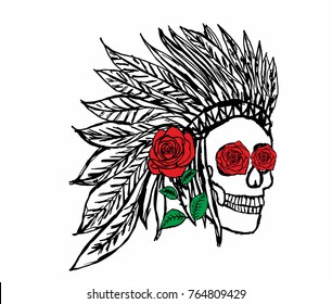 Red Rose and skull hand drawign graphic design vector art