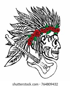 Red Rose and skull hand drawign graphic design vector art
