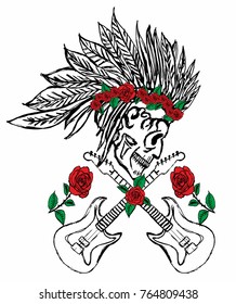Red Rose and skull hand drawign graphic design vector art
