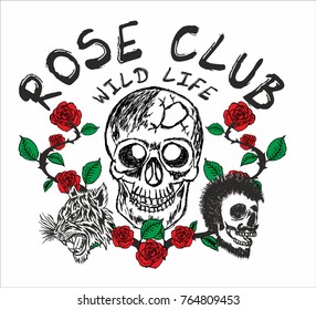 Red Rose and skull hand drawign graphic design vector art