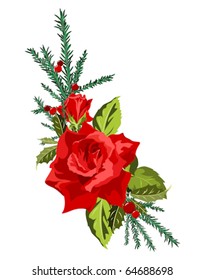 Red rose with spruce and holly