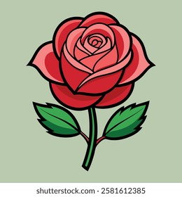 Red rose with it's stalk and leaves on a white background with illustration design