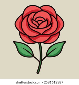 Red rose with it's stalk and leaves on a white background with illustration design