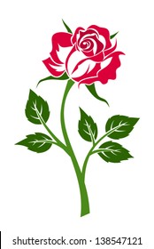 Red rose with stem. Vector illustration.