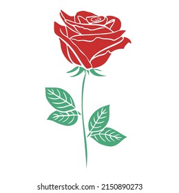 Red rose stencil drawing vector illustration. Beautiful single garden flower. Natural decoration. Blossoming flower petals simple icon