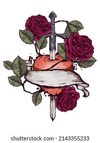 Red rose, sword, dagger, broken heart, vector graphics. Gothic tattoo style vector illustration.