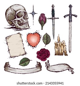 Red rose, sword, dagger, broken heart, skull. Set Vector illustration of tattoo style in gothic style.