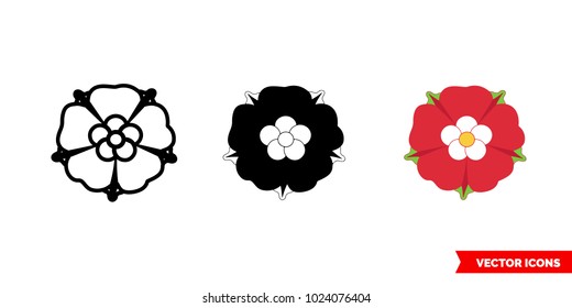 Red rose symbol of england icon of 3 types: color, black and white, outline. Isolated vector sign symbol.