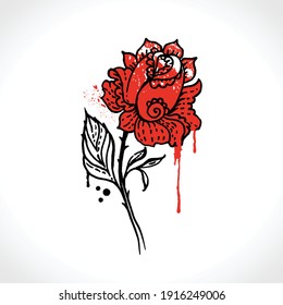 Red Rose tattoo. Black ink drawn sketch of a blooming rose for a tattoo. Vector old school style pattern.
