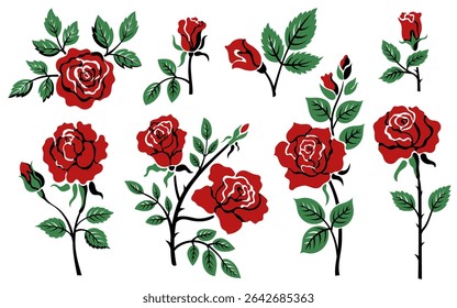 Red rose tattoo. Floral blossom silhouette with leaves, romantic roses flower icons for love and wedding design, simple rose bloom elements. Vector tattoos isolated set.