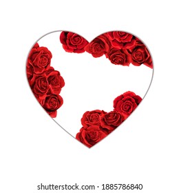 Plantilla de rosa roja como corte de forma cardíaca. Flores de rosa escarlata para postales de San Valentín. Elemento de diseño de tarjetas para invitaciones de vacaciones, saludos, citas, blogs