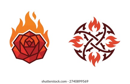 Red rose and thorn circle with flames logo designs