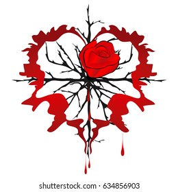 Red rose with thorns, heart and drops of blood.