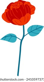 Red rose with two blue leaves on a stem, simple flat design. Floral illustration with single blooming flower vector illustration.