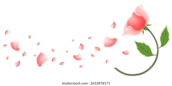 A red rose with two green leaves and many flying rose petals, on white background.