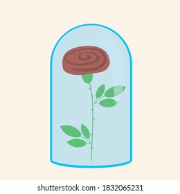 Rojo rosa bajo un gorro aislado. Ilustración plana vectorial con una rosa bajo una cúpula de vidrio. Flor o rosa en una cápsula como concepto de planta bajo capucha
