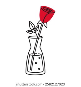 Red rose in the vase doodle style Hand drawn trendy flat style love isolated icon Romantic symbol of love for web graphic design poster tattoo Valentines Day Greeting card line art Vector illustration