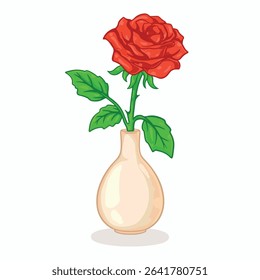 Red rose in a vase isolated on white background. Vector illustration.