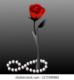 Red rose in a vase on a black background with pearls.