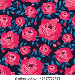 Red rose vector artwork for apparel and fashion fabrics, Colorful flowers wreath ivy style with branch and leaves. Seamless pattern background.