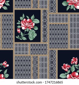 red rose vector flowers bunches pattern on negative bandanna navy background