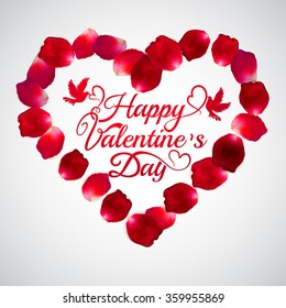 Red rose vector petal Heart frame isolated on white background. Greeting card Happy Valentines Day. Eps 10