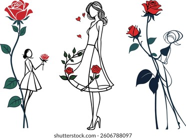 Red rose vine and girl silhouette fusion