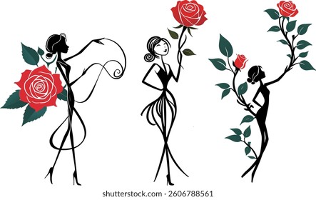 Red rose vine and girl silhouette fusion