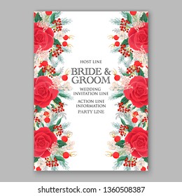Red Rose wedding invitation card template peony ranunculus vector background for baby shower bridal shower invitation Winter floral pattern