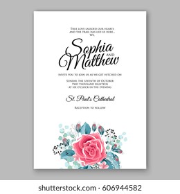Red Rose Wedding Invitation Card Bridal Bouquet with Coral Roses, Pink Ranunculus, eucalyptus