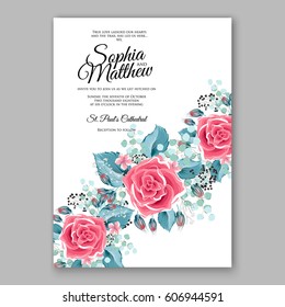 Red Rose Wedding Invitation Card Bridal Bouquet with Coral Roses, Pink Ranunculus, eucalyptus